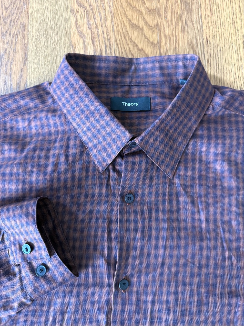 Theory Irving Fade Check Shirt Mens Large Brown Navy Plaid Cotton Button Up